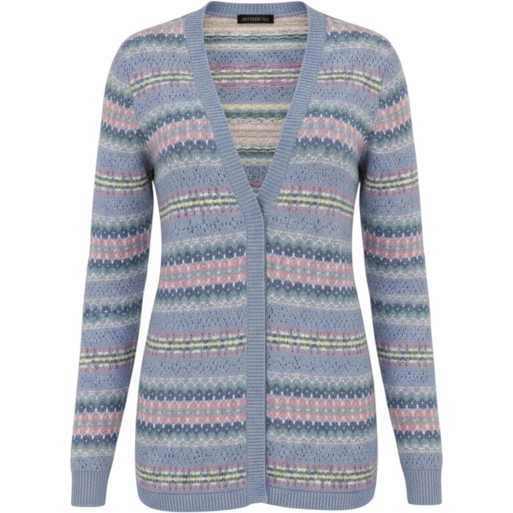 Lizsport Vintage‎ Fair Isle Cardigan Sweater Blue Pastel Cotton Knit USA Made M